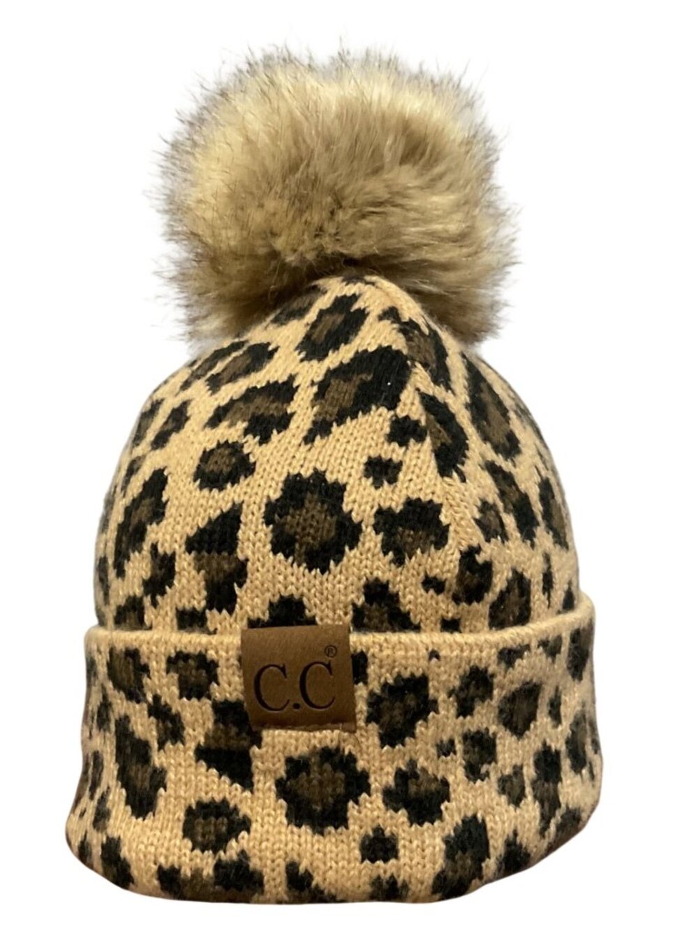 C.C Leopard Print Beanie With Faux Fur Pom Winter Knit Hat One Size Womens